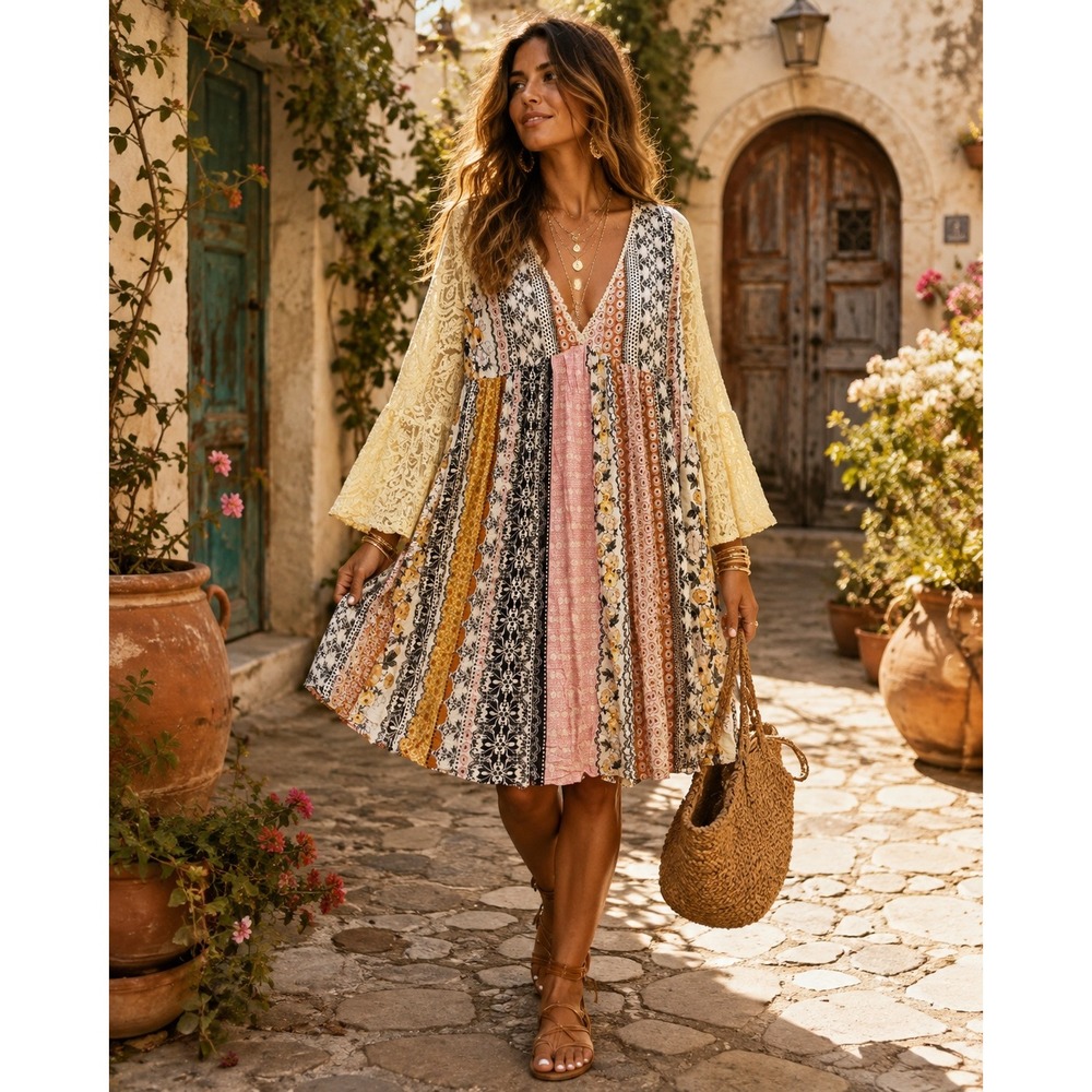 Kori America Mixed Floral Patchwork Babydoll Dress Yellow Lace Bell Sleeve M